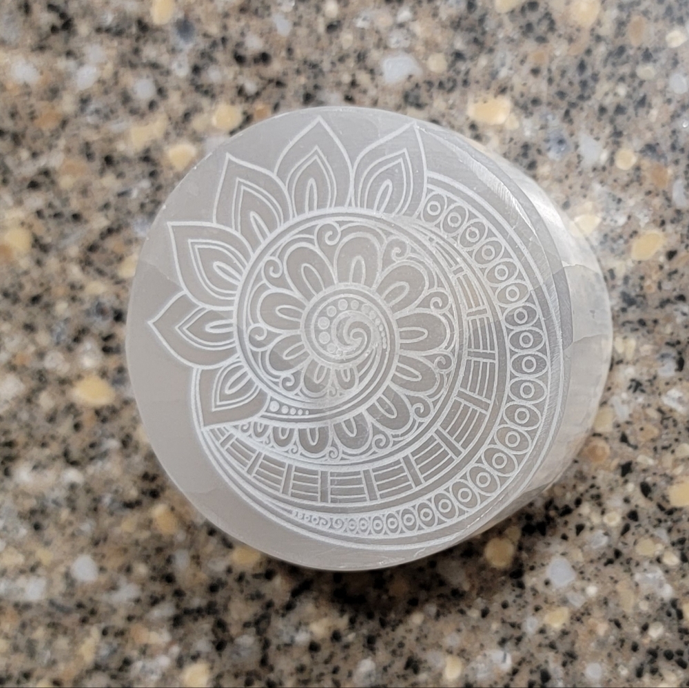 Selenite Cylinder with Mandala Etching